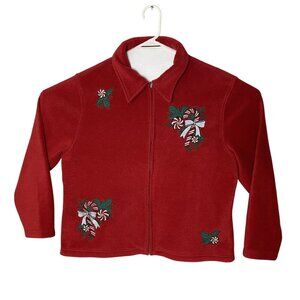 Holiday Lodge By NorthCrest Womens XL Red Fleece Jacket With Candy Cane Embroide